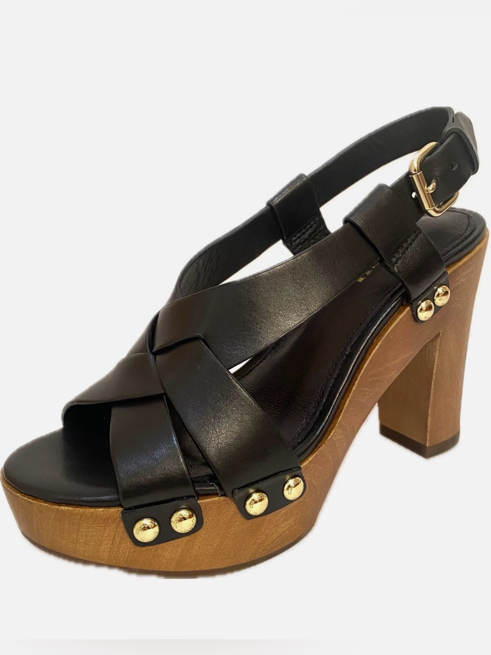 Coach Black Leather Platform Slingback Sandals with Wood-Tone Heel